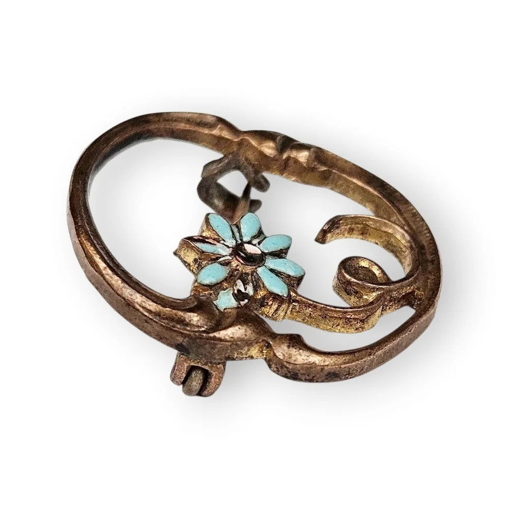 Antique Flower Mini Sash Pin Art Nouveau Blue Enamel Copper Brooch Tiny Vtg 7/8" - Picture 4 of 7